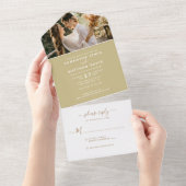 Elegant Dark Champagne Calligraphy Foto Wedding All In One Einladung (Abreißen)