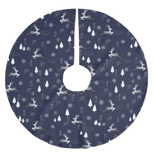 Elegant Dark Christmas TreeSkirt w Silver Reindeer Polyester Weihnachtsbaumdecke (Vorderseite)