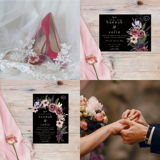 Elegant Dark Floral Cascade Black Burgundy Einladungsbanderole