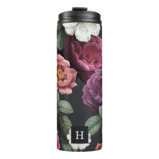 Elegant Dark Floral on Black | Monogram Tumbler Thermosbecher (Vorderseite)
