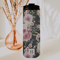 Elegant Dark Floral on Black | Monogram Tumbler