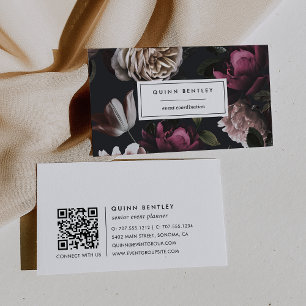 Elegant Dark Floral on Black QR-Code Visitenkarte