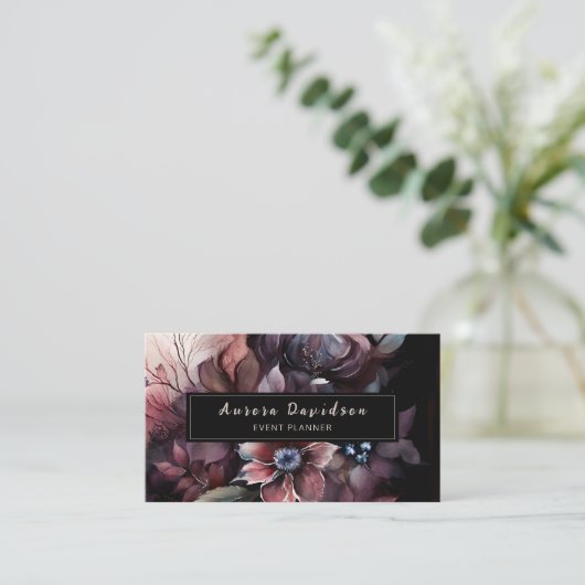 Elegant Dark Floral on Black Visitenkarte (Stehend Vorderseite)
