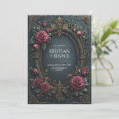 Elegant Dark Gothic Burgundy Rose Oval Wedding Einladung (Stehend Vorderseite)
