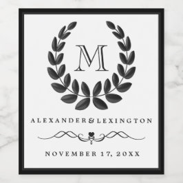 Elegant Dark Gray Monogram Laurel Wreath Wedding Weinetikett