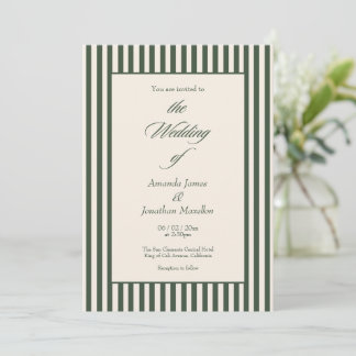 Elegant Dark Green Cream Vertical Stripes Wedding Einladung