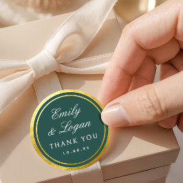 Elegant Dark Green Gold Border Wedding Runder Aufkleber