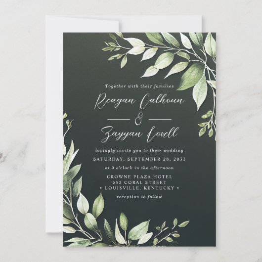 Elegant Dark Green Greenerity Blätter Script Weddi Einladung (Vorderseite)