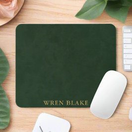 Elegant Dark Green Leather & Gold Script Name Mousepad