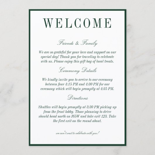 Elegant Dark Green Minimalist Wedding Welcome Programm (Vorderseite)