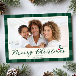 Elegant Dark Green Plaid Merry Christmas Photo Feiertagskarte