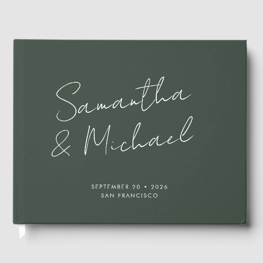 Elegant Dark Green Script Calligraphy Wedding Gästebuch (Vorderseite)