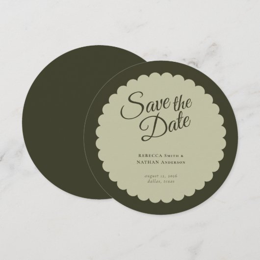 Elegant Dark Green Script Scallop Hochzeit Save The Date (Vorne/Hinten)
