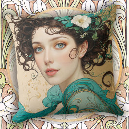 Elegant Dark Haired Art Nouveau Woman Kissen