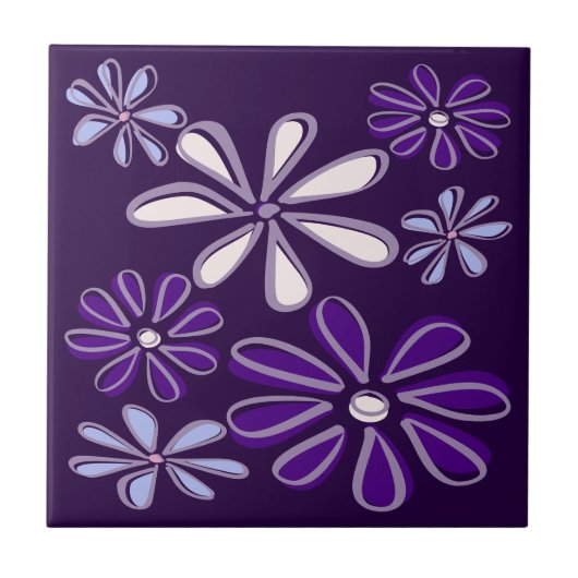 Elegant Dark Lila Blue Blume Doodle Fliese (Vorderseite)