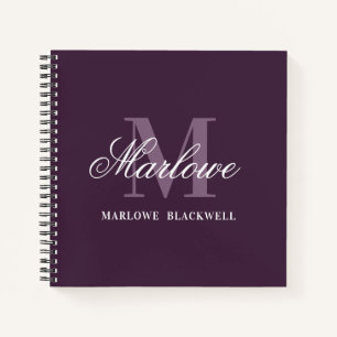 Elegant Dark Lila White Monogram Calligraphy Notizblock