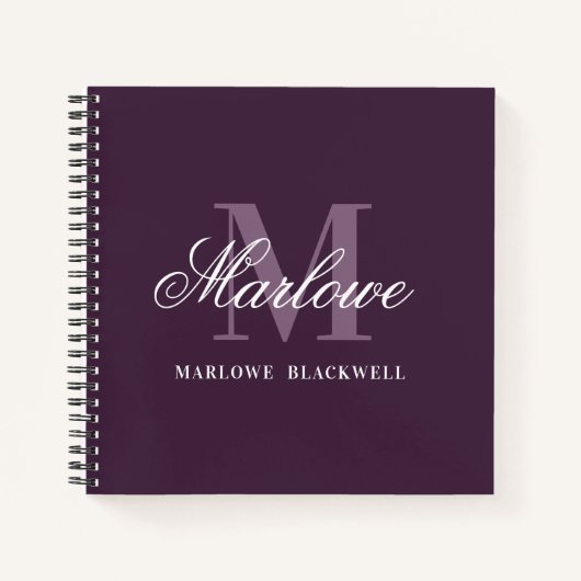 Elegant Dark Lila White Monogram Calligraphy Notizblock (Vorderseite)