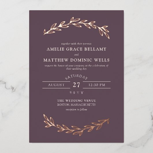 Elegant Dark Mauve & Rose Goldgrün Hochzeit Folieneinladung (Vorderseite)