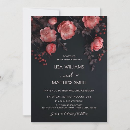 Elegant Dark Moody 3D Roses Wedding Einladung (Vorderseite)
