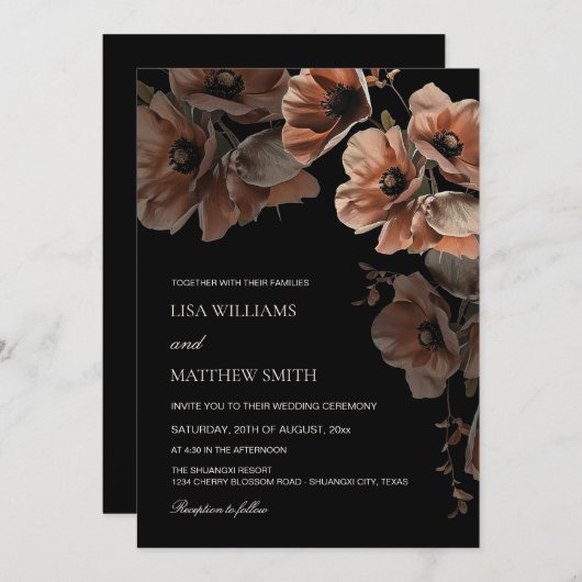 Elegant Dark Moody Blush Flowers Wedding Einladung (Vorne/Hinten)