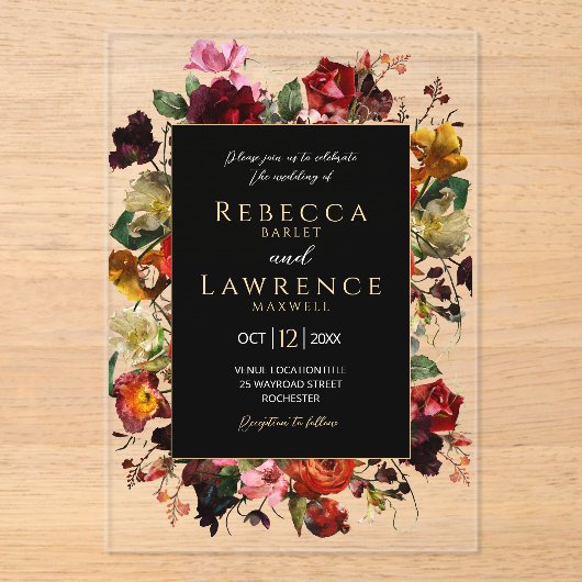 Elegant dark moody flowers black wedding acryleinladungen (Vorderseite)