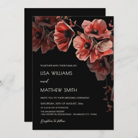 Elegant Dark Moody Red Flowers Wedding Einladung (Vorne/Hinten)
