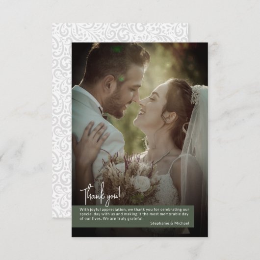 Elegant Dark Moss Green Foto Hochzeit Dankeskarte (Vorne/Hinten)