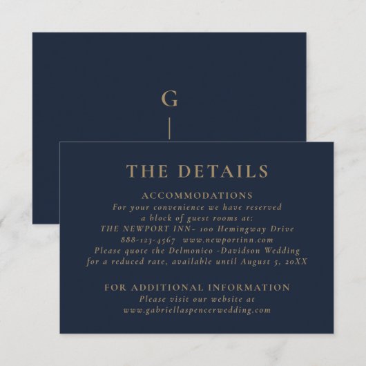 Elegant Dark Navy Blue Gold Hochzeitsdetails Begleitkarte (Vorne/Hinten)