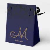 Elegant Dark Navy Blue Gold Monogram Floral Geschenkschachtel (Rückseite)