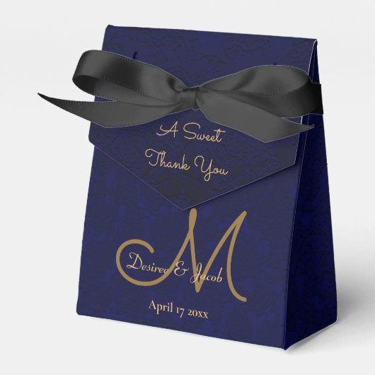 Elegant Dark Navy Blue Gold Monogram Floral Geschenkschachtel (Vorderseite)