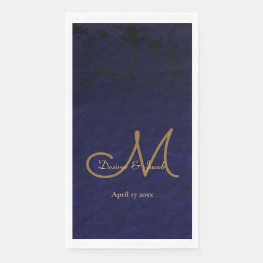 Elegant Dark Navy Blue Gold Monogram Floral Serviette (Vorderseite)