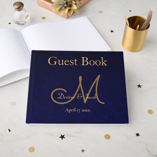 Elegant Dark Navy Blue Gold Wedding Monogram Gästebuch (Vorderseite Offen)