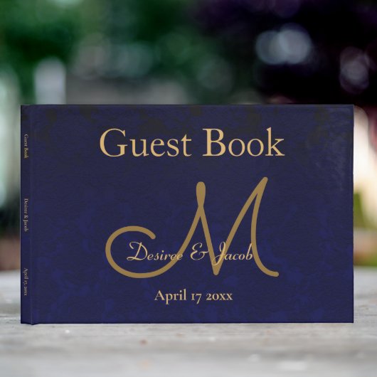 Elegant Dark Navy Blue Gold Wedding Monogram Gästebuch (InSitu Außen)