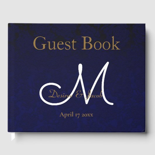 Elegant Dark Navy Blue Gold White Monogram Floral Gästebuch (Vorderseite)