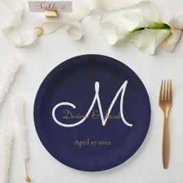 Elegant Dark Navy Blue Gold White Monogram Floral Pappteller