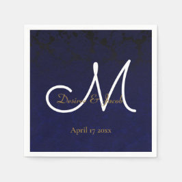 Elegant Dark Navy Blue Gold White Monogram Floral Serviette