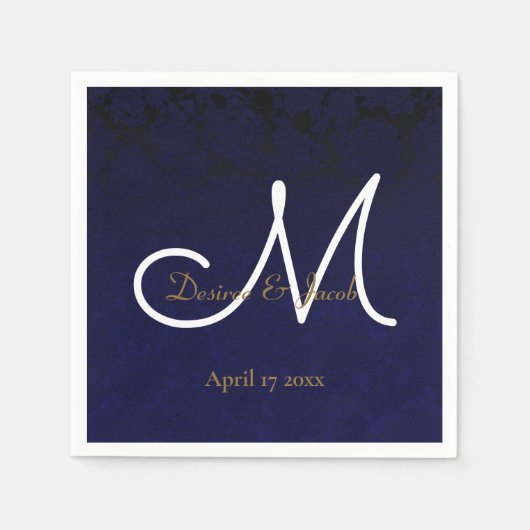 Elegant Dark Navy Blue Gold White Monogram Floral Serviette (Vorderseite)