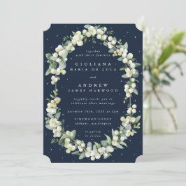 Elegant Dark Navy Snowberry+Eucalyptus Wedding Einladung