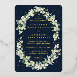 Elegant Dark Navy Snowberry+Eucalyptus Wedding Folieneinladung