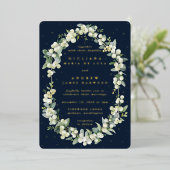 Elegant Dark Navy Snowberry+Eucalyptus Wedding Folieneinladung (Stehend vorne)