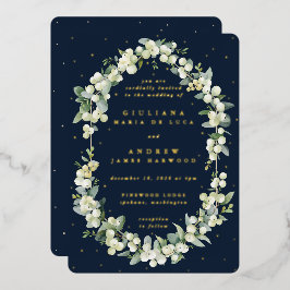 Elegant Dark Navy Snowberry+Eucalyptus Wedding Folieneinladung