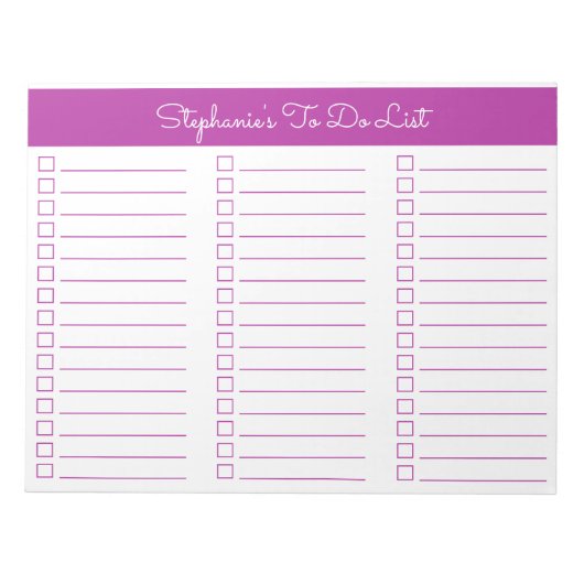 Elegant Dark Pink 8.5x11 Three Column Checklist Notizblock (Vorderseite)