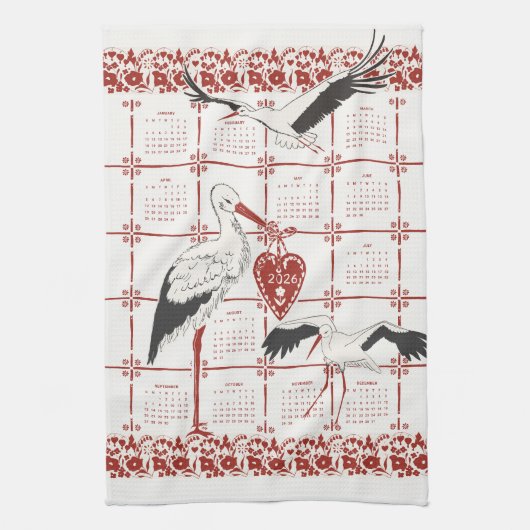 Elegant Dark Red Alsatian Folk Stork 2026 Calendar Geschirrtuch (Vertikal)