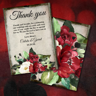 Elegant Dark Red Floral Grunge Gray Goth Wedding Dankeskarte