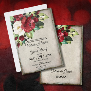 Elegant Dark Red Floral Grunge Gray Goth Wedding Einladung