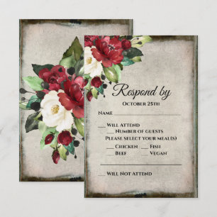Elegant Dark Red Floral Grunge Gray Goth Wedding RSVP Karte