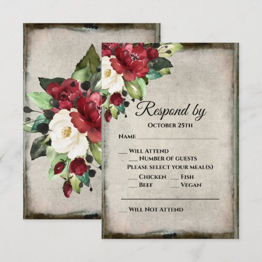 Elegant Dark Red Floral Grunge Gray Goth Wedding RSVP Karte (Vorne/Hinten)