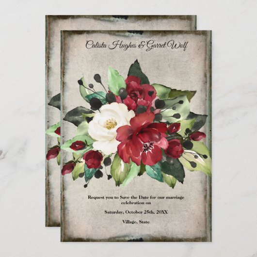 Elegant Dark Red Floral Grunge Gray Goth Wedding Save The Date (Vorne/Hinten)