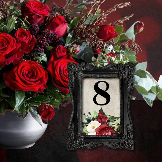Elegant Dark Red Floral Grunge Gray Goth Wedding Tischnummer