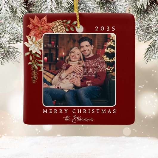 Elegant Dark Red Merry Christmas Poinsettia Foto Keramikornament